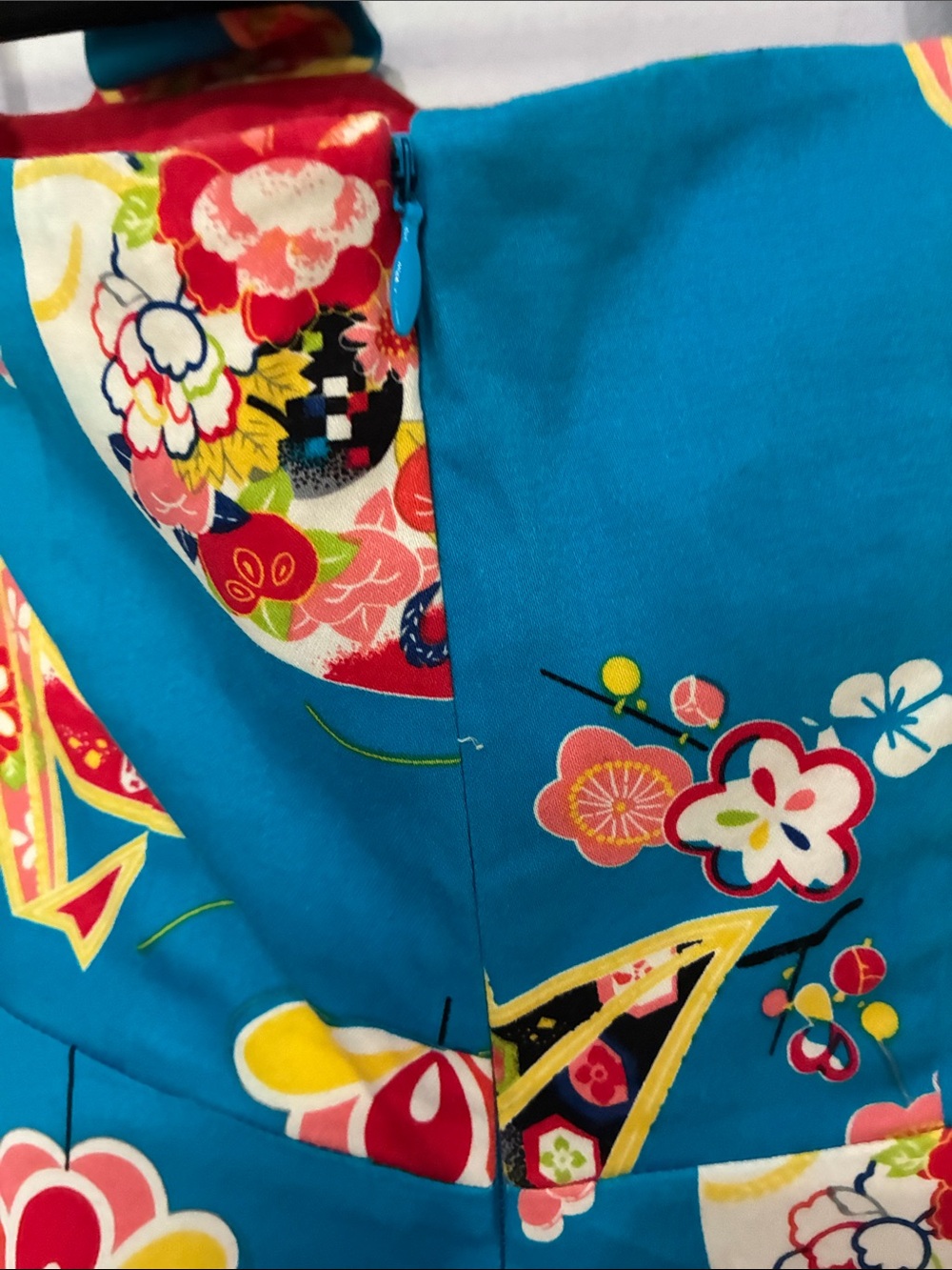 Trashy Diva Teal Floral Fit-and-Flare Geisha Fan Asian Dress with Red Bust - Picture 9 of 12